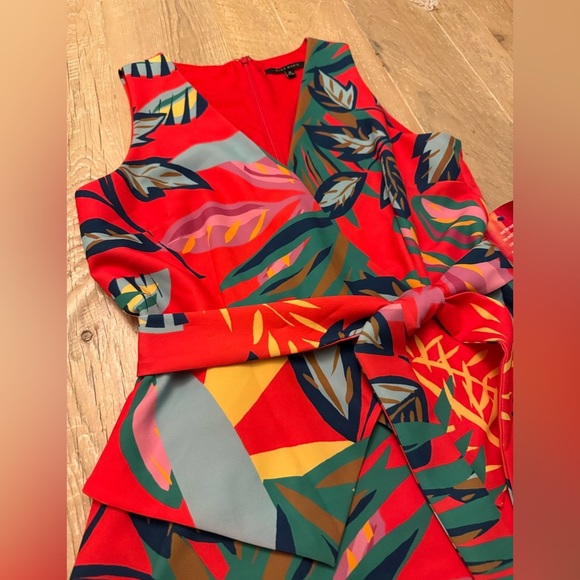 Alex Marie Bold Red Tropical Dress Sleeveless Belted Ruffle 10 - Picture 2 of 8